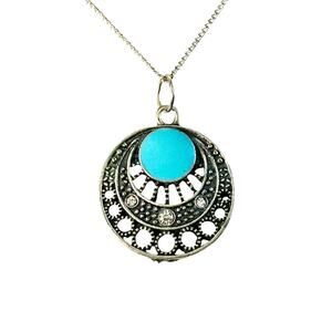 Southwestern Boho Dainty Round Mandala Blue Enamel Center Silver Tone Necklace